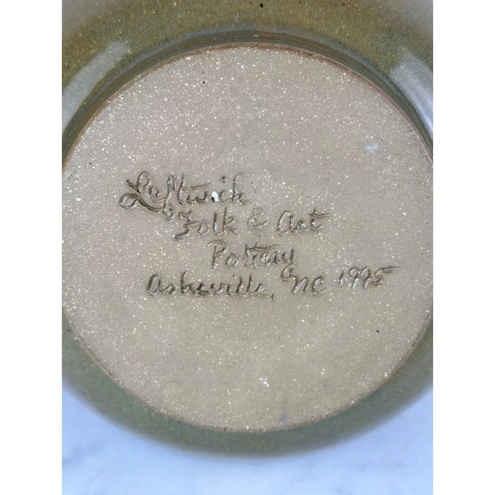 Rodney Leftwich Folk Art Pottery‎ Vase Asheville NC Brown Green 1995 Cutout Rim